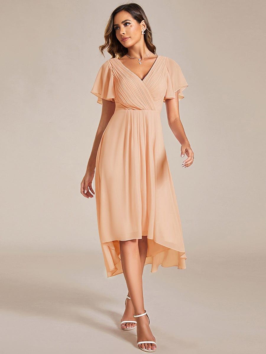 Chiffon High-Low Wedding Guest Dress with V-Neck and Short Sleeves 138
