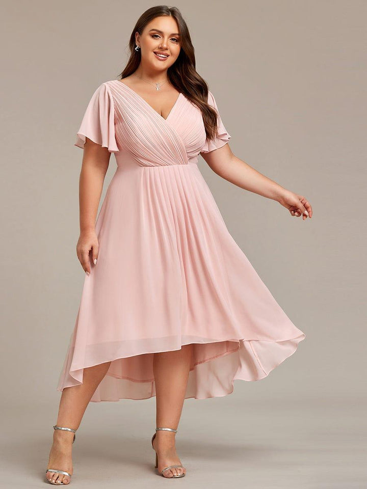 Chiffon High-Low Wedding Guest Dress with V-Neck and Short Sleeves 34