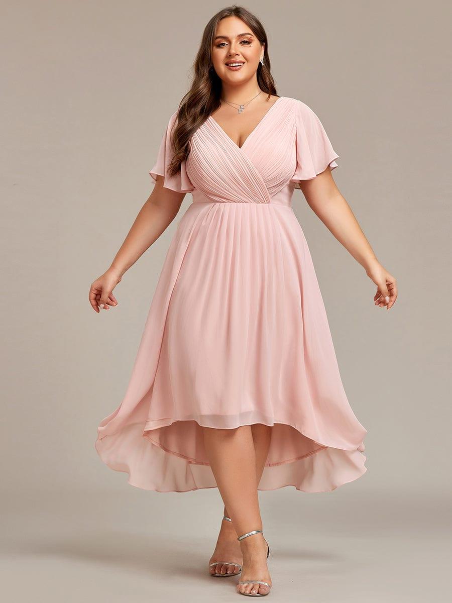 Chiffon High-Low Wedding Guest Dress with V-Neck and Short Sleeves 35