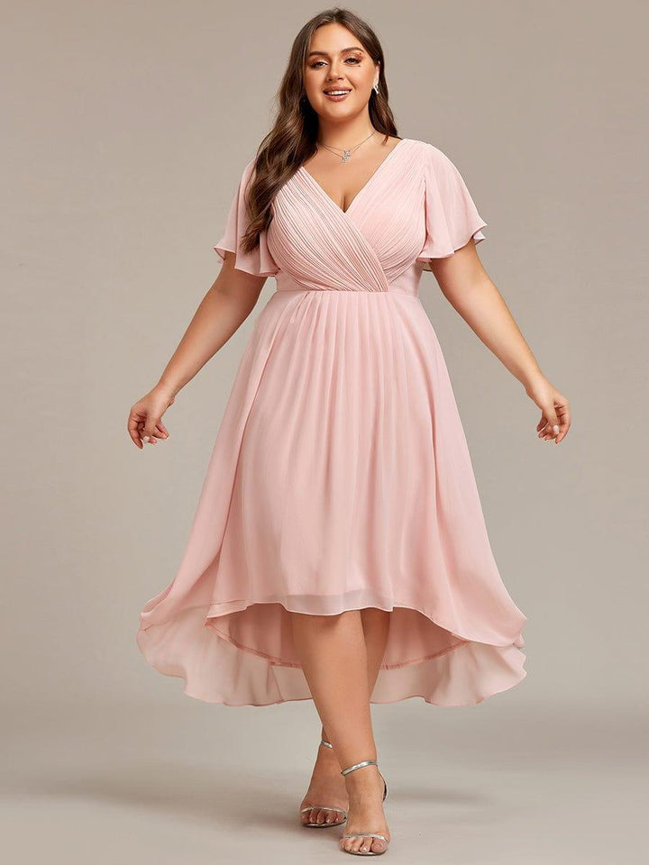 Chiffon High-Low Wedding Guest Dress with V-Neck and Short Sleeves 35