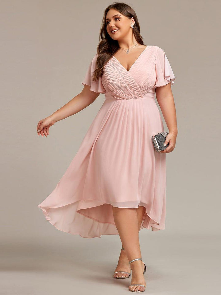 Chiffon High-Low Wedding Guest Dress with V-Neck and Short Sleeves 31