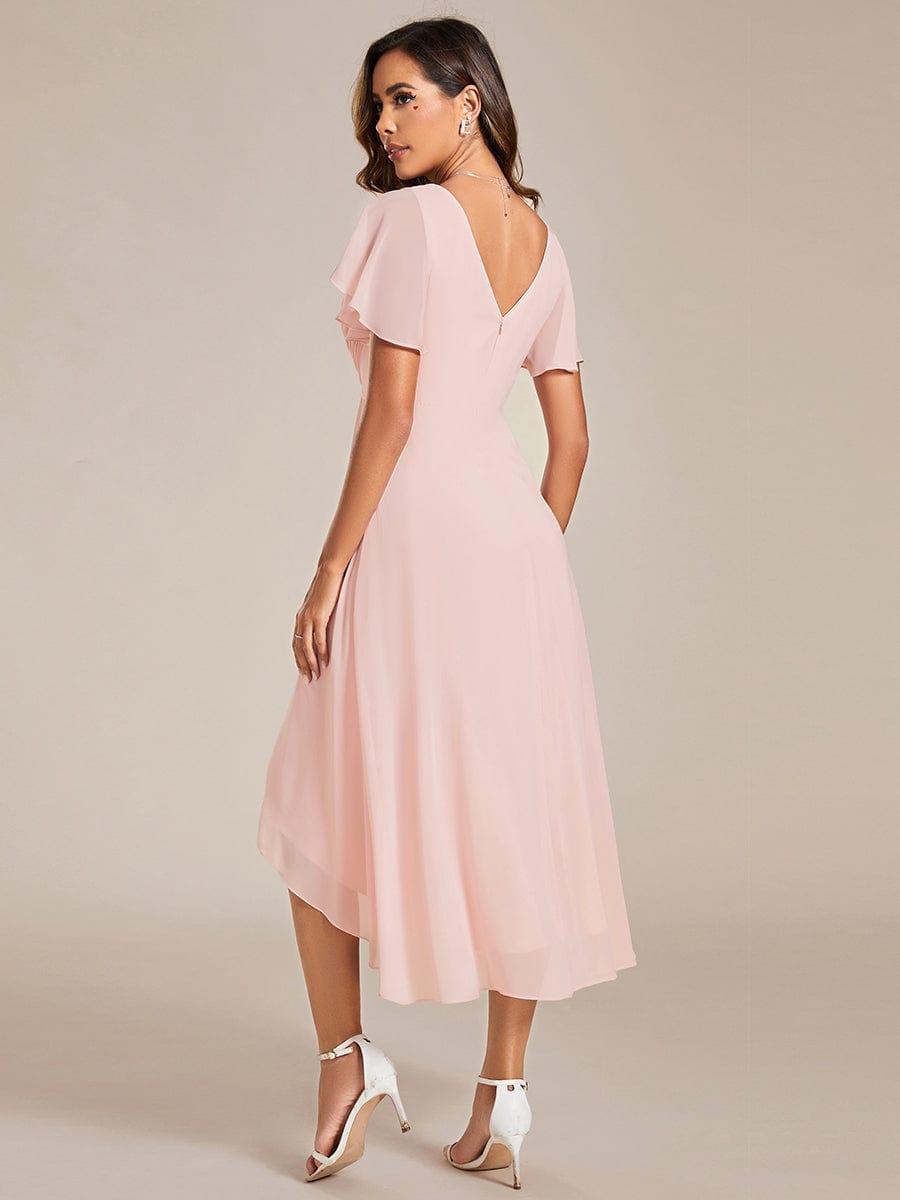 Chiffon High-Low Wedding Guest Dress with V-Neck and Short Sleeves 16