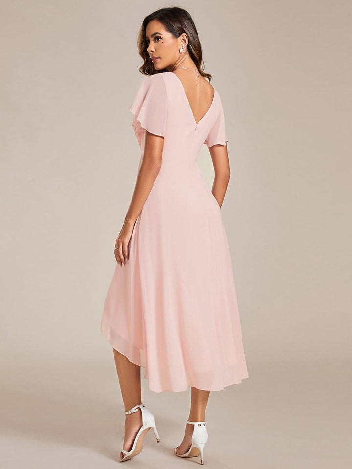 Chiffon High-Low Wedding Guest Dress with V-Neck and Short Sleeves 16