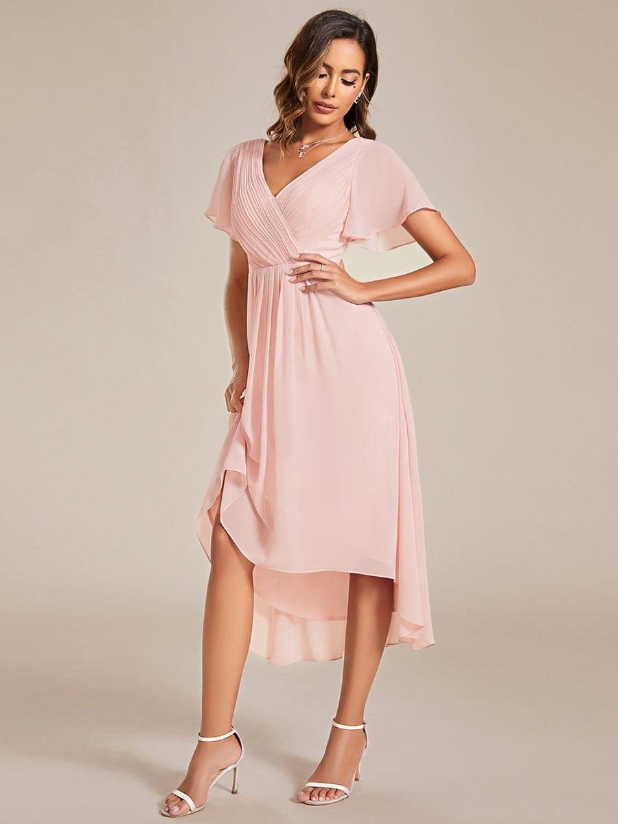 Chiffon High-Low Wedding Guest Dress with V-Neck and Short Sleeves 19