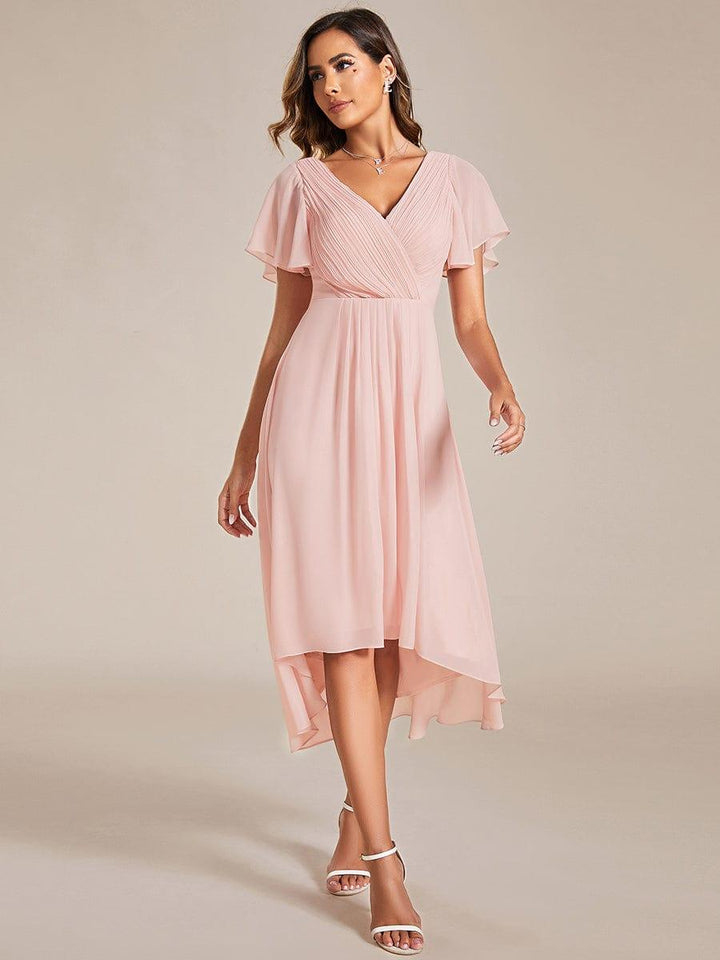 Chiffon High-Low Wedding Guest Dress with V-Neck and Short Sleeves 20