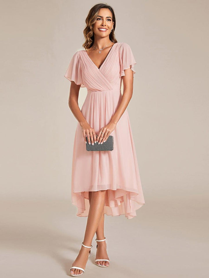 Chiffon High-Low Wedding Guest Dress with V-Neck and Short Sleeves 15