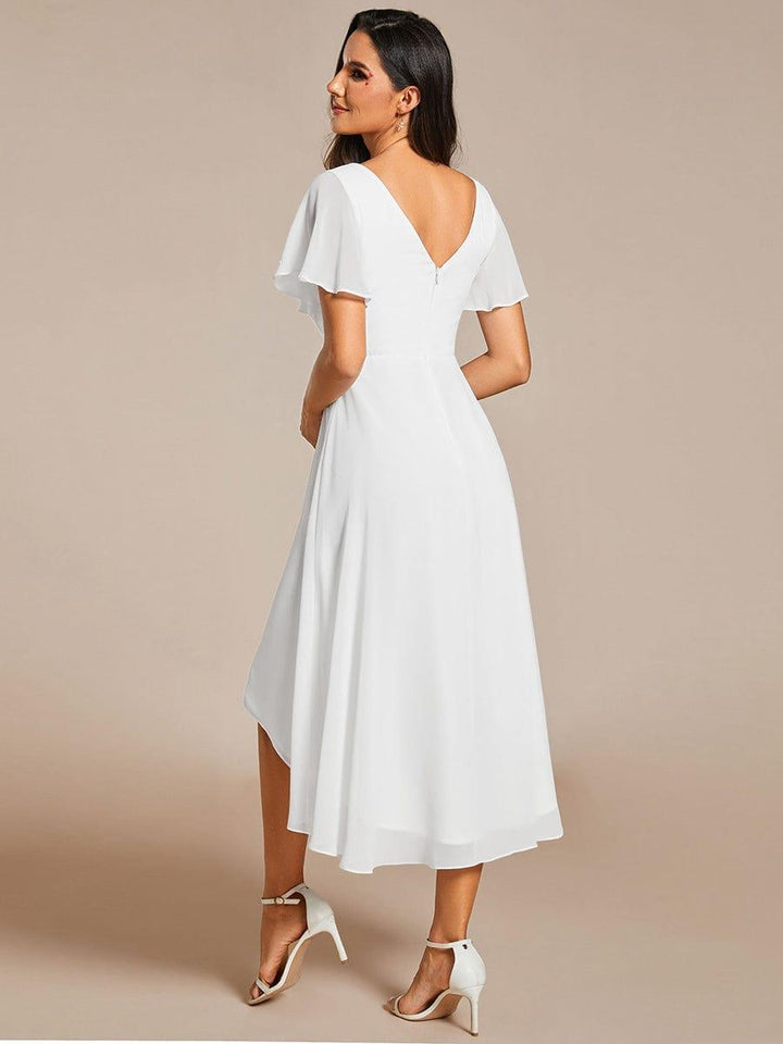 Chiffon High-Low Wedding Guest Dress with V-Neck and Short Sleeves 69