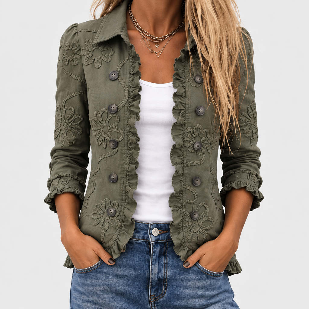 Bohemian Floral Embroidered Open-Front Jacket with Ruffle Trim 1