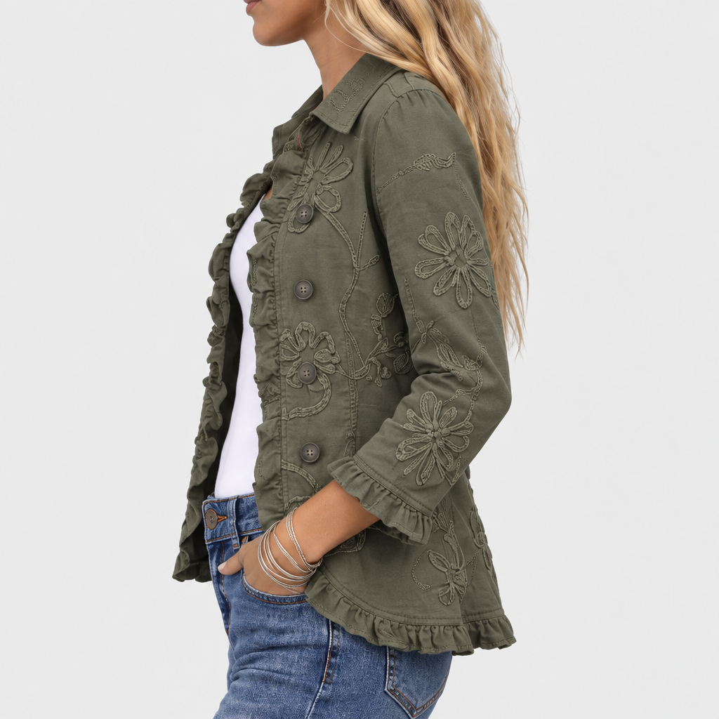 Bohemian Floral Embroidered Open-Front Jacket with Ruffle Trim 4
