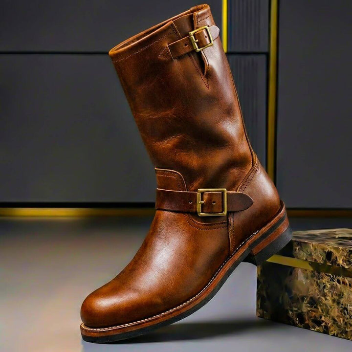 Men's Genuine Leather Engineer Boots - Buckle Mid-Calf Boots for Fall Winter 1