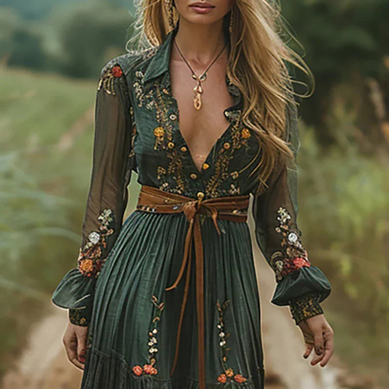 Women's Embroidered Boho Maxi Dress with Sheer Sleeves for Evening 3