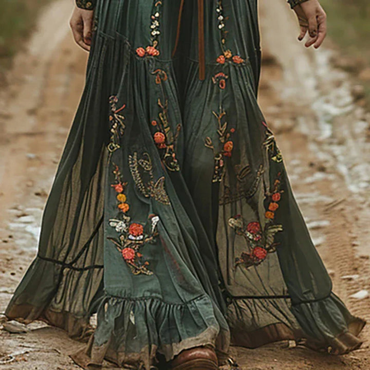 Women's Embroidered Boho Maxi Dress with Sheer Sleeves for Evening 2