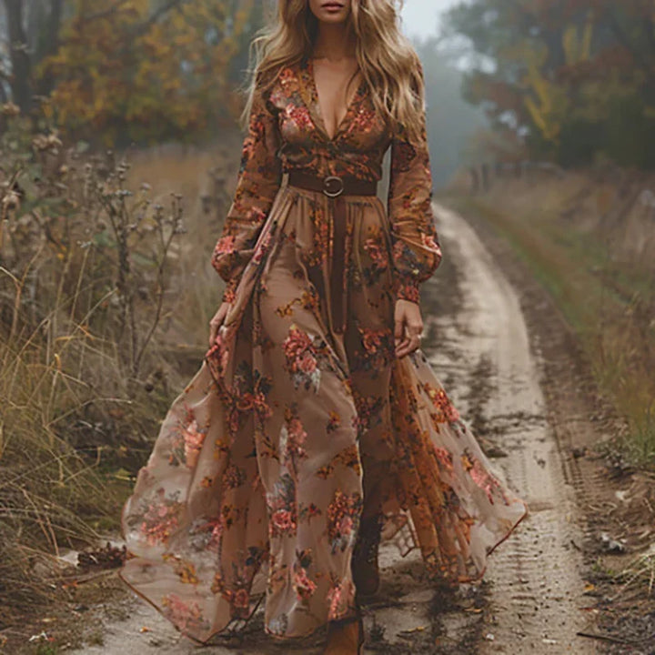 Women's Embroidered Boho Maxi Dress with Sheer Sleeves for Evening 4