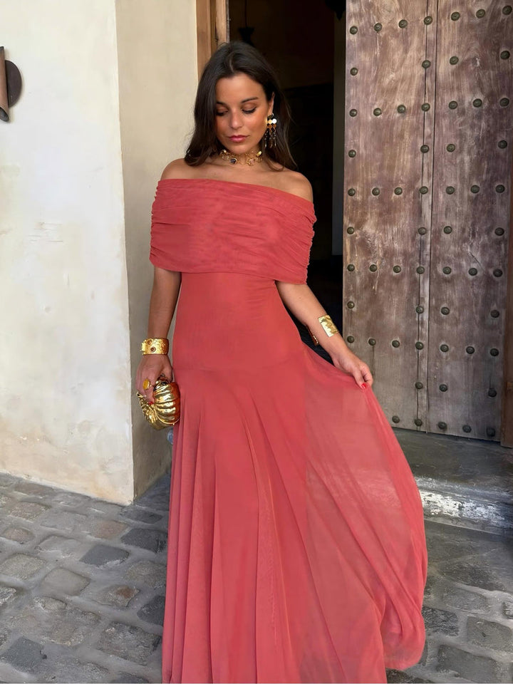 Elegant One-Shoulder Mesh Maxi Dress with Flowing Skirt 8