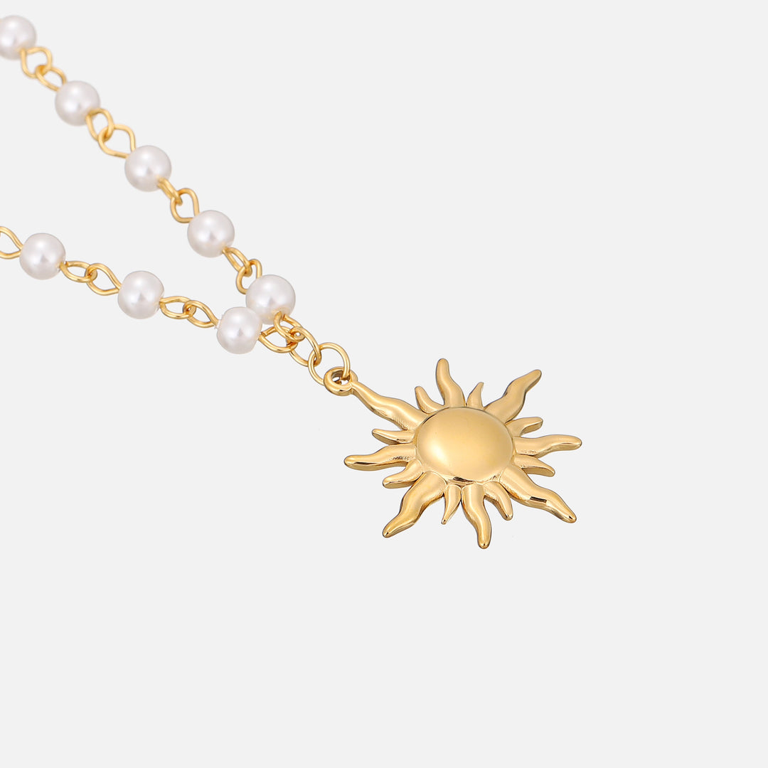 Golden Sun Pendant Necklace with Luminous Pearl Chain 2