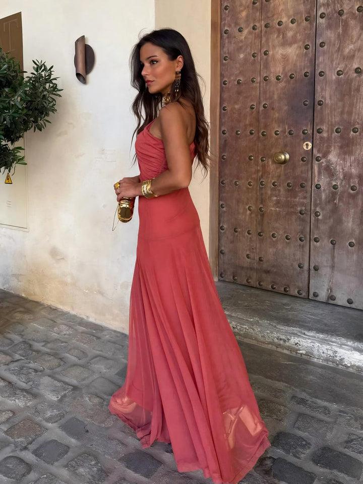 Elegant One-Shoulder Mesh Maxi Dress with Flowing Skirt 5