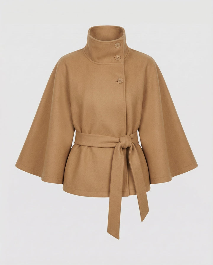 Women's Belted Wool-Blend Cape Jacket - High-Collar Winter Layer 1