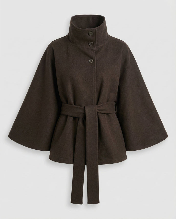 Women's Belted Wool-Blend Cape Jacket - High-Collar Winter Layer 2