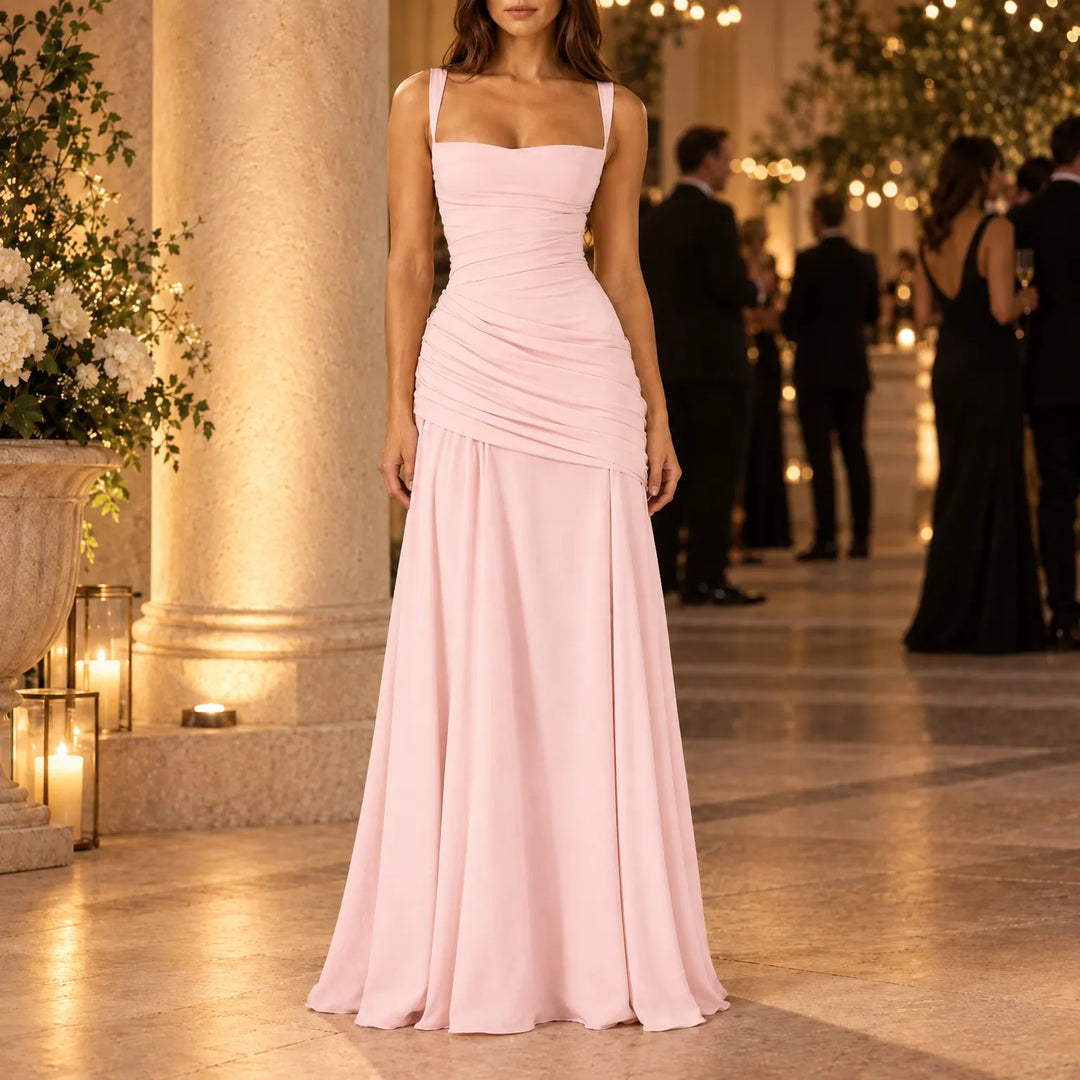 Formal Event Maxi Dress With Gathered Waist & Back Lace-Up