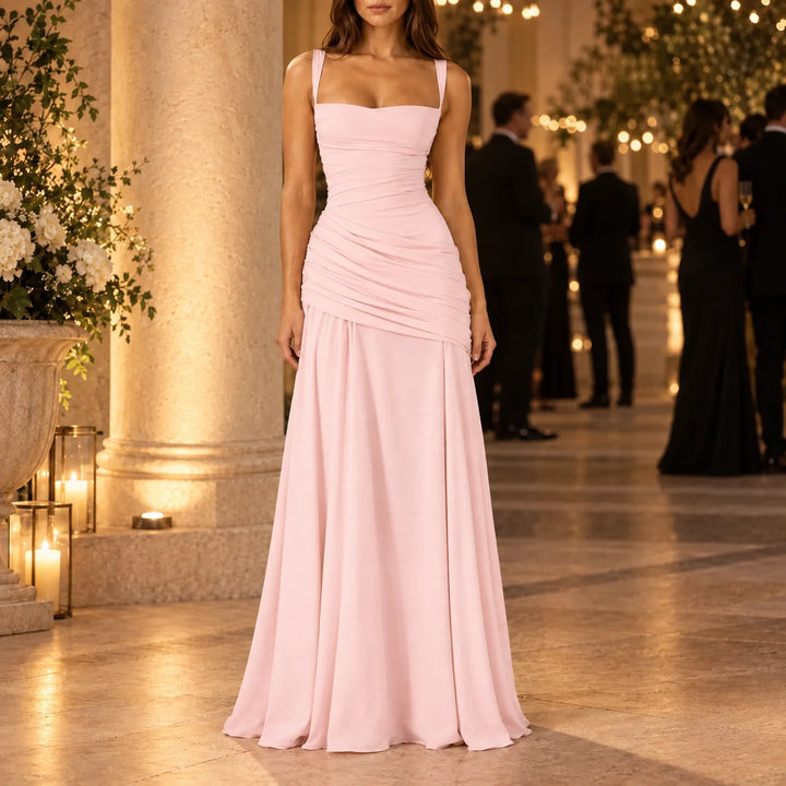 Formal Event Maxi Dress With Gathered Waist & Back Lace-Up