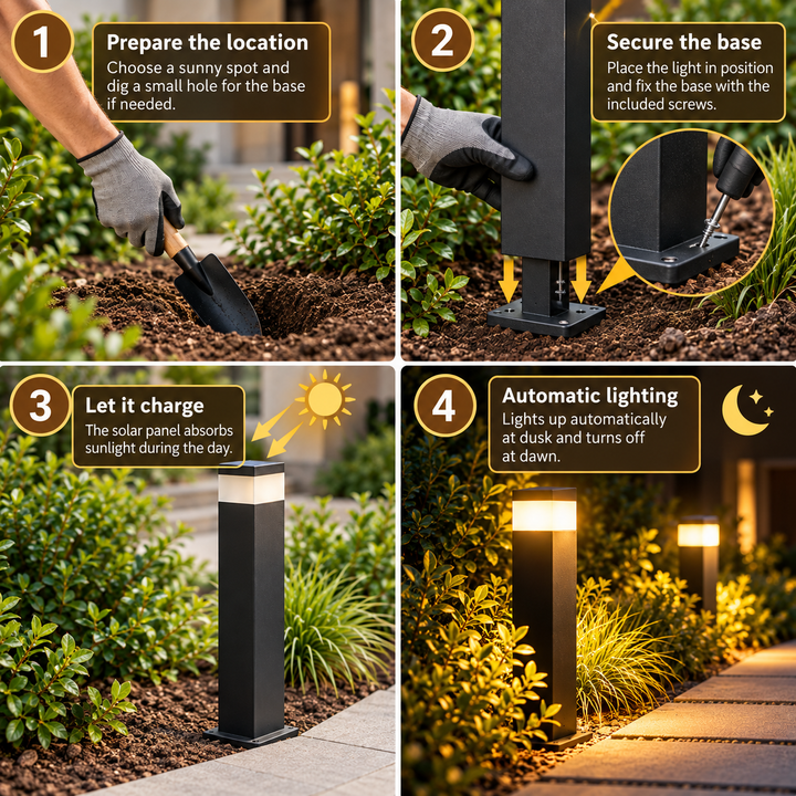 Solar Path Lights – Black Rectangular Bollard Post, Warm White LED, IP65 4