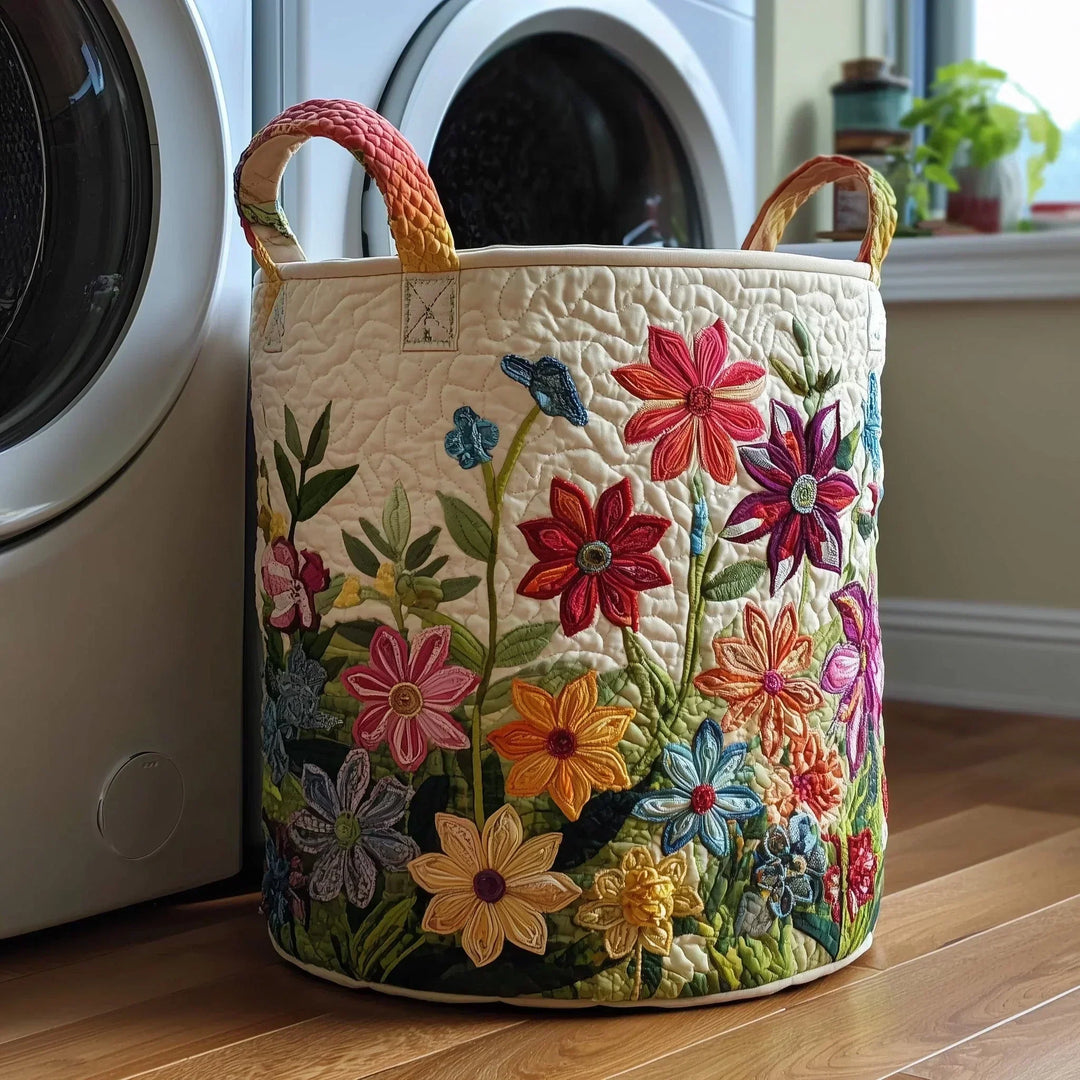 Hand-Quilted Fabric Storage Basket with Reinforced Handles, Foldable, 3 Sizes 1