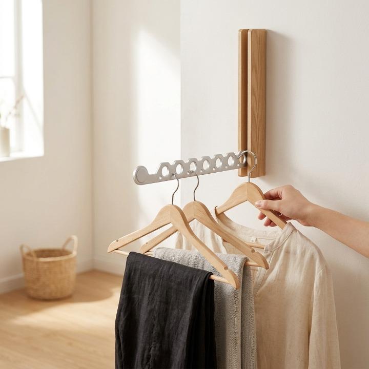 Foldable Wooden Wall Coat Rack, Space-Saving Wall-Mounted Design 3