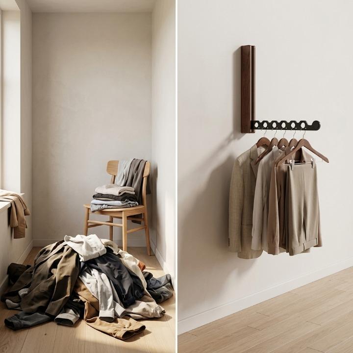 Foldable Wooden Wall Coat Rack, Space-Saving Wall-Mounted Design 5