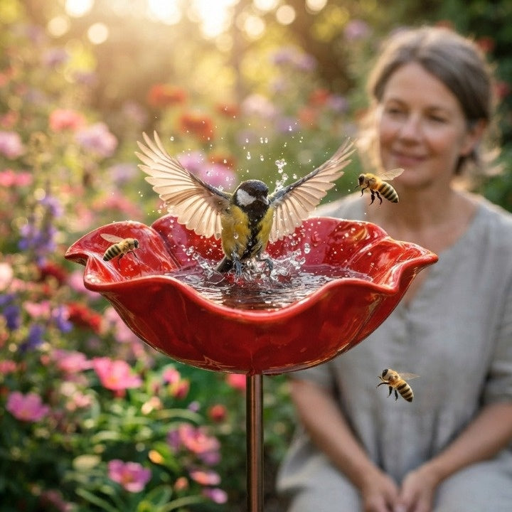 Metal Poppy Flower Bird Bath Stake - Garden & Balcony Decor, 60cm 2