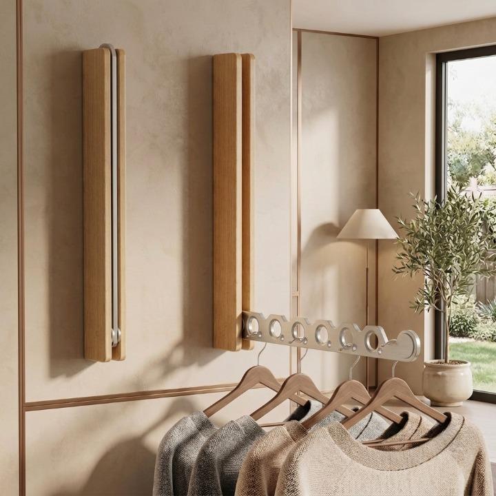 Foldable Wooden Wall Coat Rack, Space-Saving Wall-Mounted Design 4