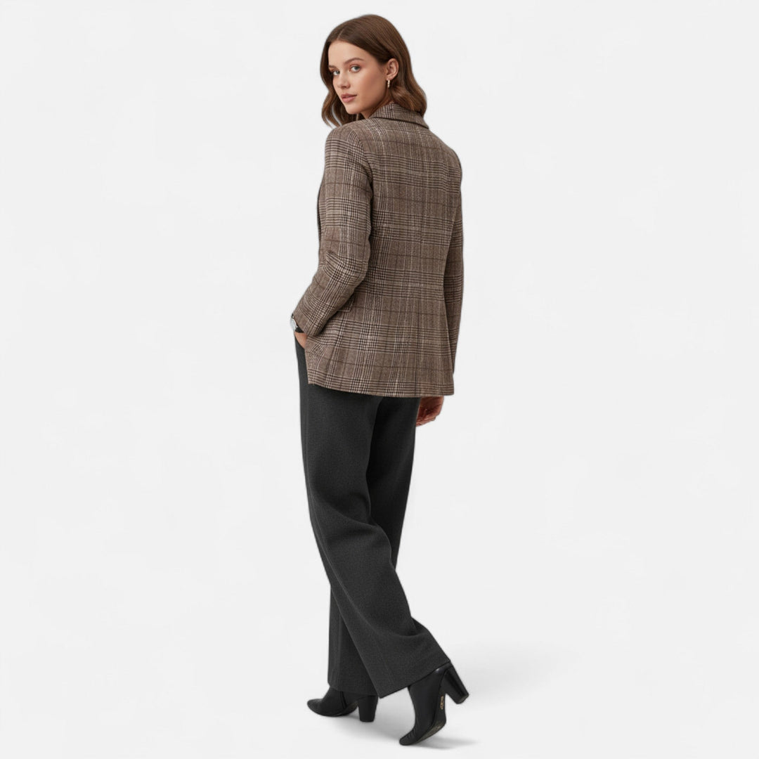 Women's Single-Breasted Plaid Blazer, Tailored Fit, Brown 3