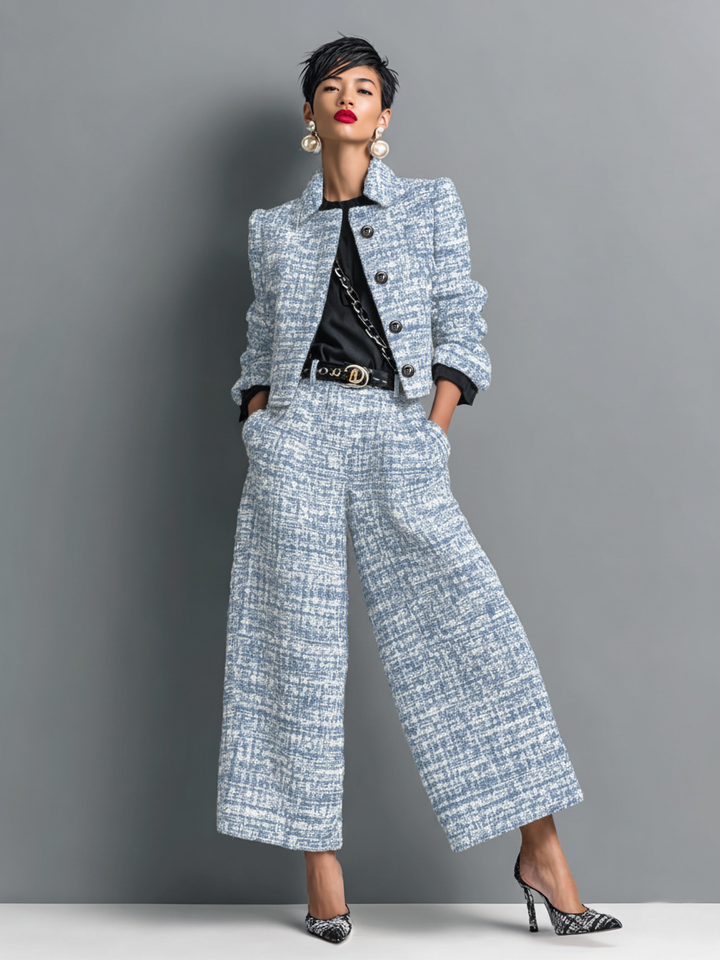 Women's Tailored Two-Piece Textured Pants Suit Set with Wide-Leg Pants 3