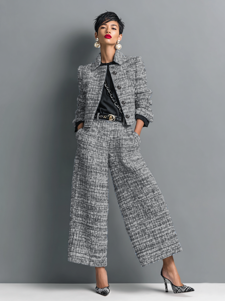 Women's Tailored Two-Piece Textured Pants Suit Set with Wide-Leg Pants 1