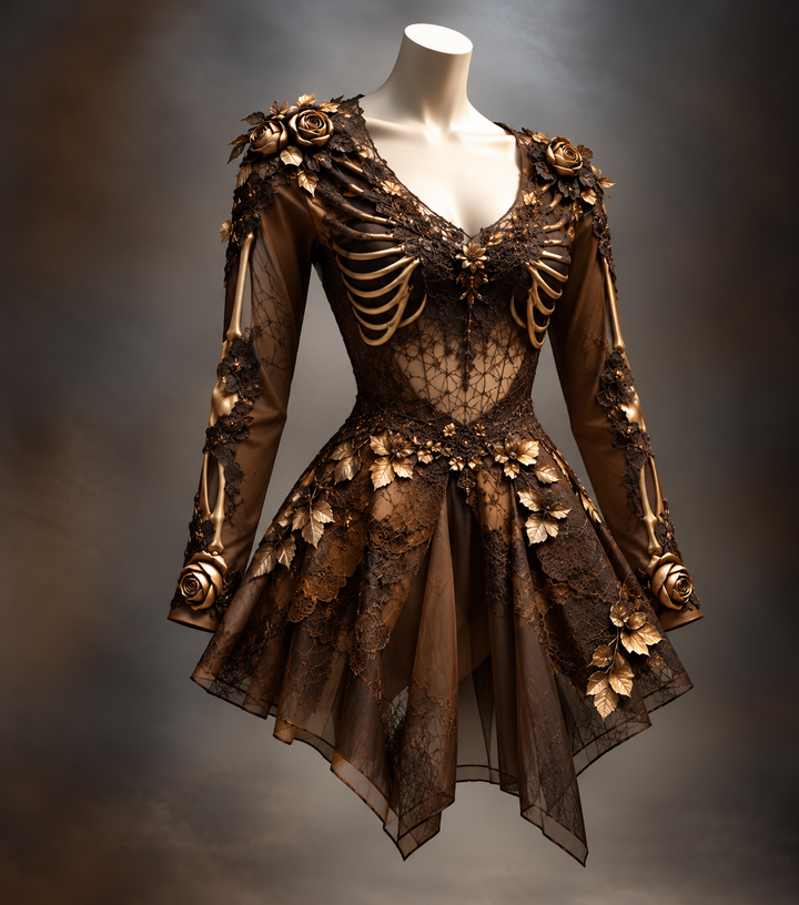 Women's Gothic Long Sleeve V-Neck Mini Dress with Bone and Floral Detail 3