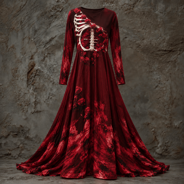 Women's Long Sleeve Halloween Gown Dress, Maxi Length with Skeletal Bodice 2