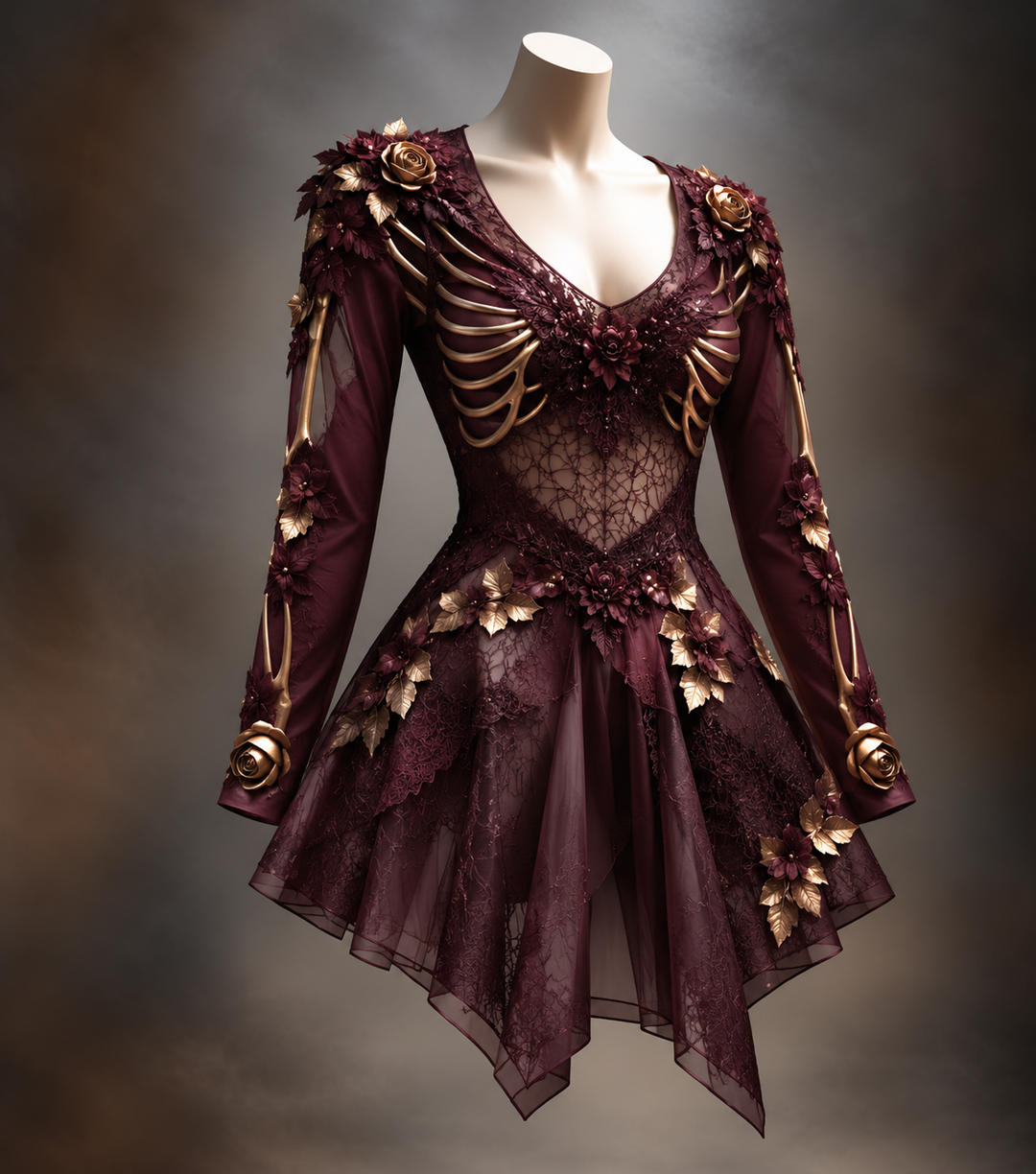 Women's Gothic Long Sleeve V-Neck Mini Dress with Bone and Floral Detail 2