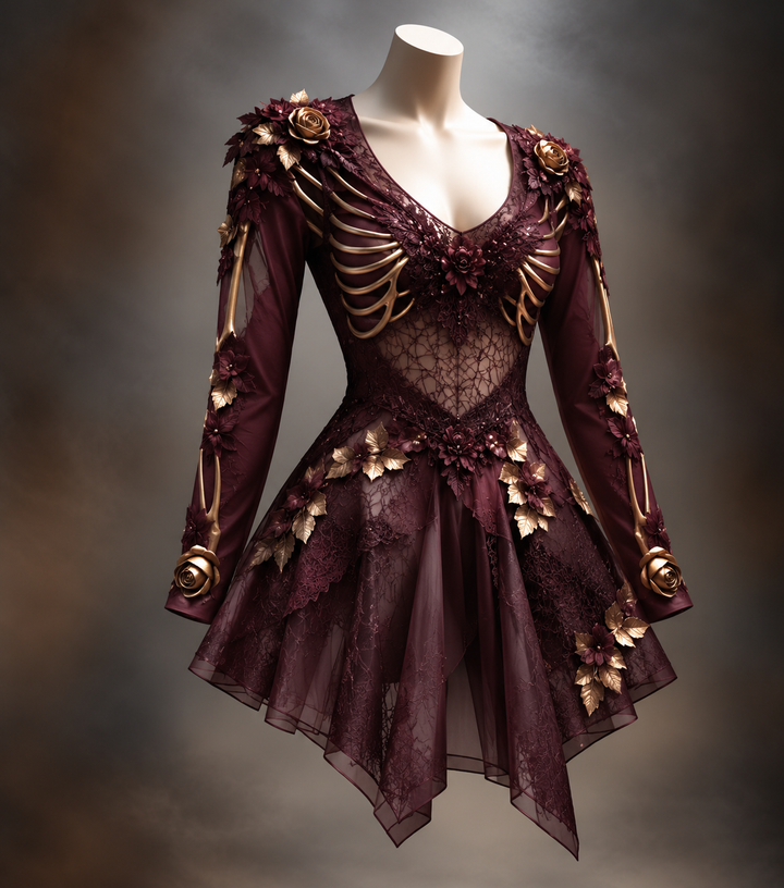 Women's Gothic Long Sleeve V-Neck Mini Dress with Bone and Floral Detail 2