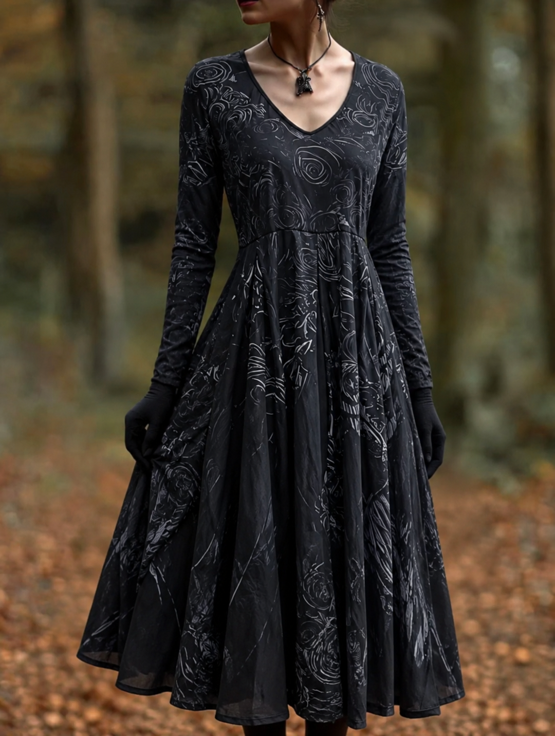 Women's Black Maxi Dress with Rose Appliqué and Long Sleeves, Halloween 1