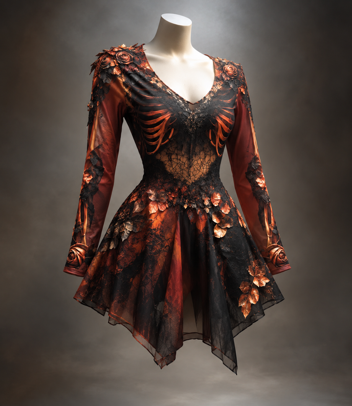 Women's Gothic Long Sleeve V-Neck Mini Dress with Bone and Floral Detail 6