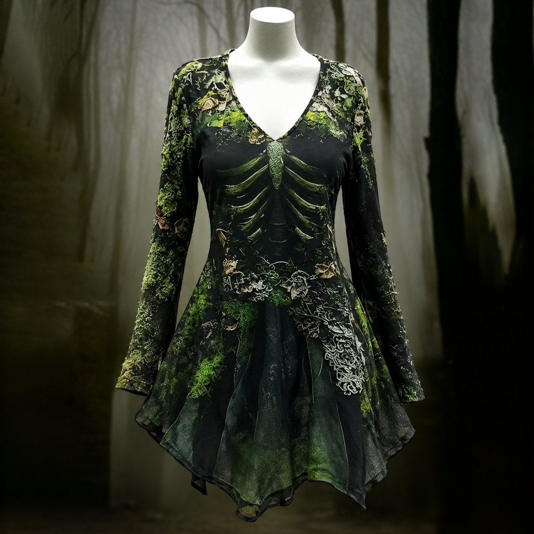 Women's Green Long Sleeve Mini Dress with Moss and Skeleton Print for Halloween 1