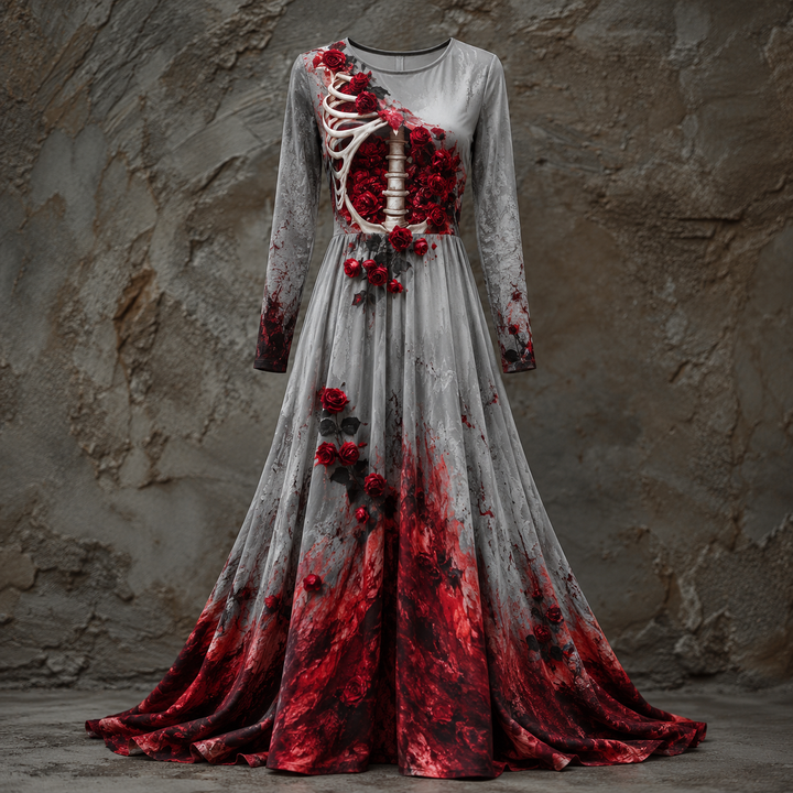Women's Long Sleeve Halloween Gown Dress, Maxi Length with Skeletal Bodice 1