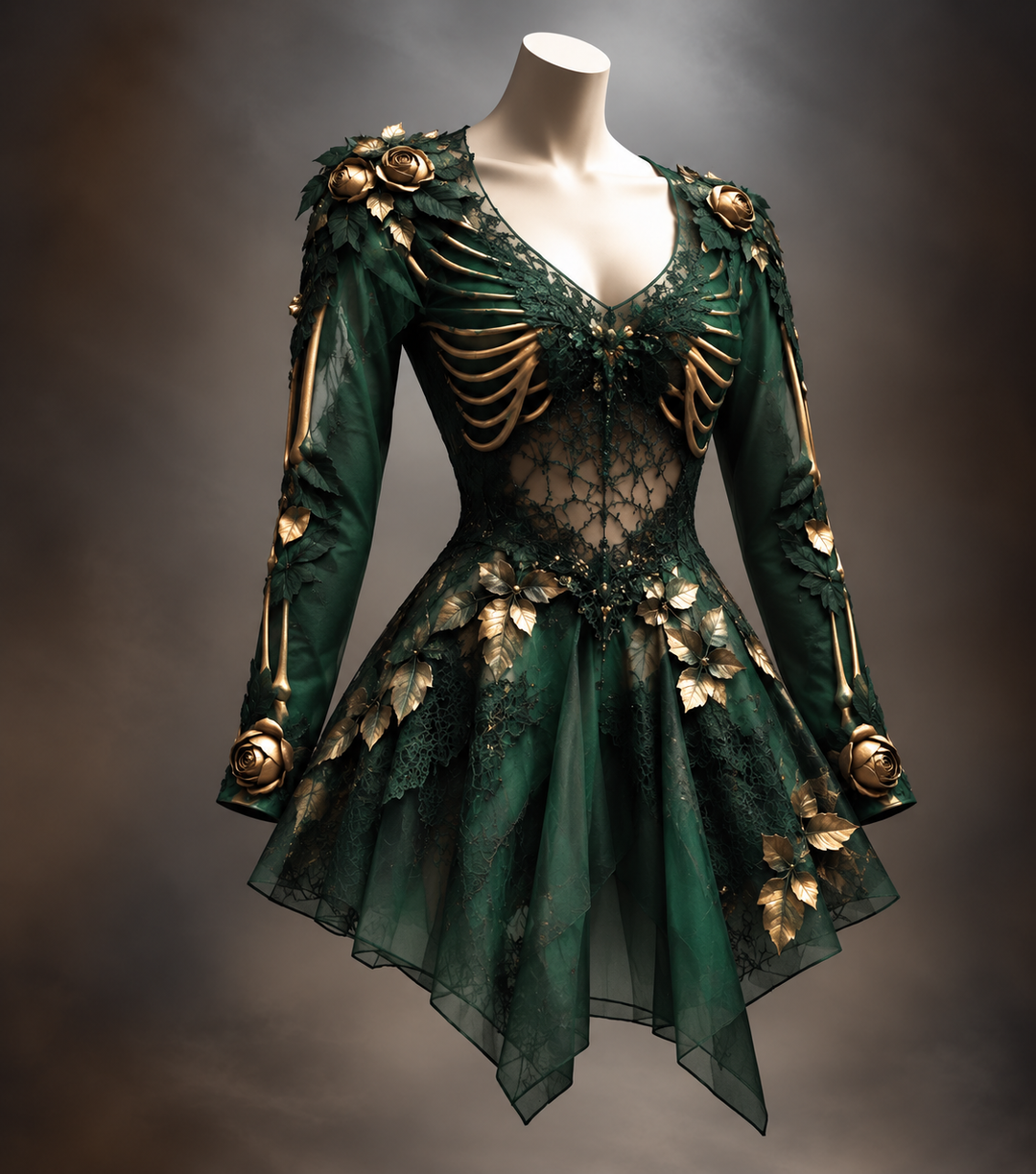 Women's Gothic Long Sleeve V-Neck Mini Dress with Bone and Floral Detail 5