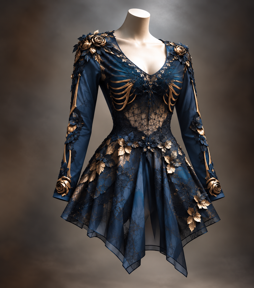 Women's Gothic Long Sleeve V-Neck Mini Dress with Bone and Floral Detail 4