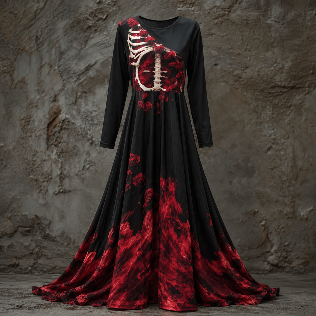 Women's Long Sleeve Halloween Gown Dress, Maxi Length with Skeletal Bodice 3