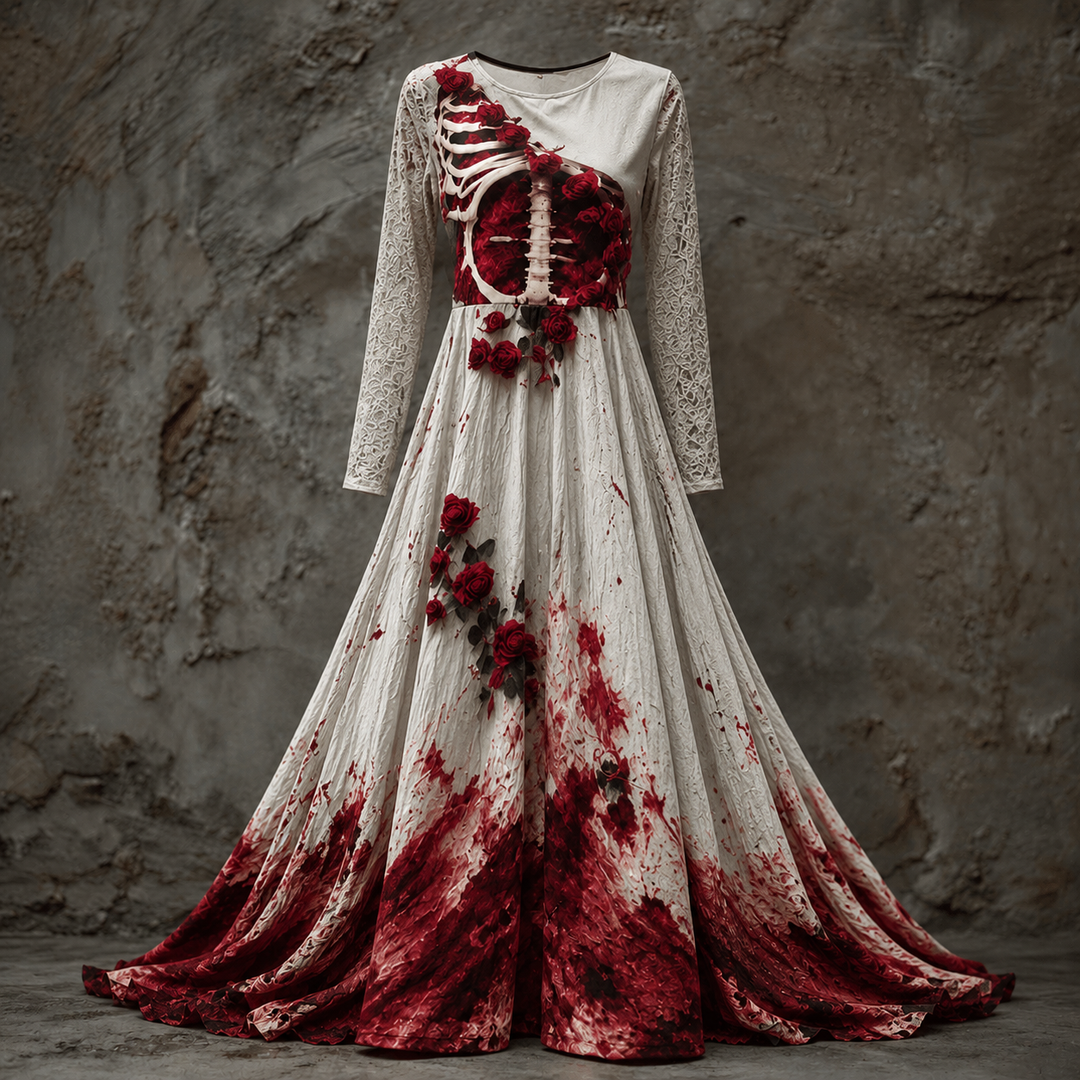 Women's Long Sleeve Halloween Gown Dress, Maxi Length with Skeletal Bodice 5