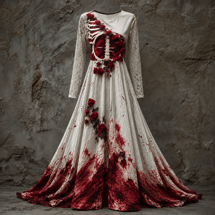 Women's Long Sleeve Halloween Gown Dress, Maxi Length with Skeletal Bodice 5