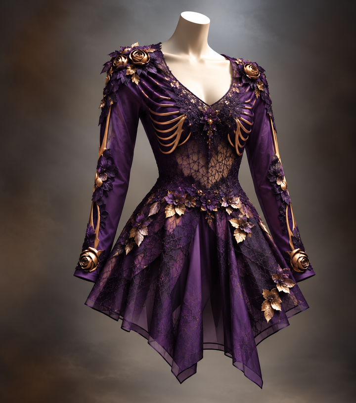 Women's Gothic Long Sleeve V-Neck Mini Dress with Bone and Floral Detail 7