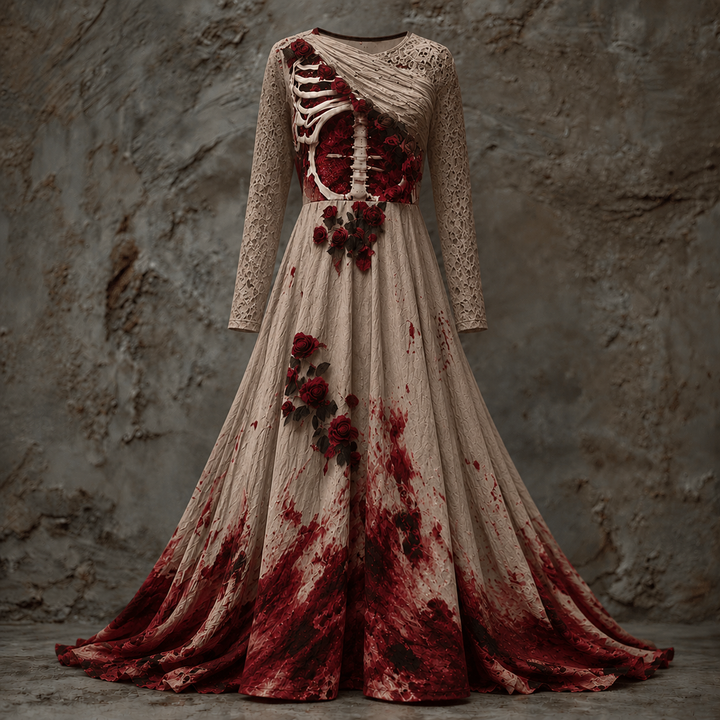 Women's Long Sleeve Halloween Gown Dress, Maxi Length with Skeletal Bodice 4