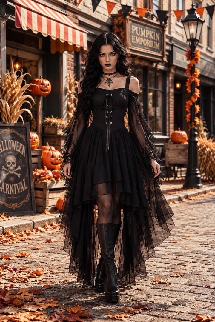 Women's Gothic Vampire Halloween Costume with Lace-Up Front and High-Low Skirt 1