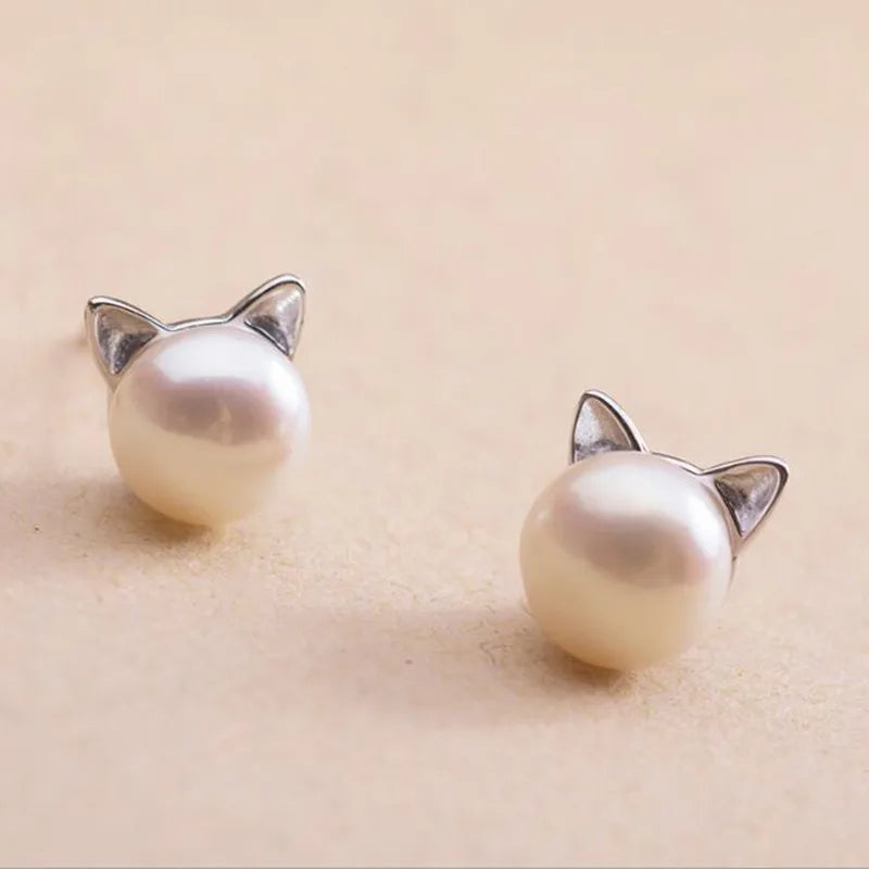Sterling Silver Cat Pearl Stud Earrings 2